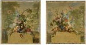 Still Lifes Of Fruit And Flowers In Baskets On Marble Socles, In A Landscape Setting by Willem van Leen