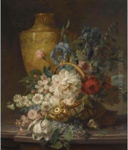 A Still Life With Roses, A 
Tulip, Forget-me-nots, Hyacinths, Irises And Other Flowers In A Reed 
Basket, Together With A Stone Urn And A Shell, All On A Stone Ledge by Willem van Leen