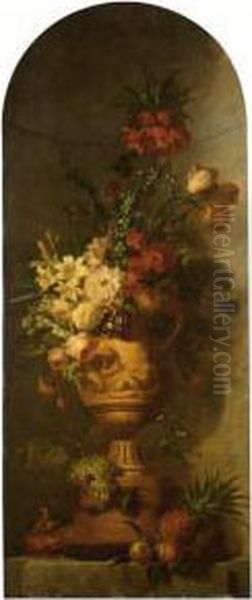 An Elaborate Still Life With 
Lilies, Tulips, Roses, Morning Glory, Auricula, Hyacinths, An Imperial 
Crown And Other Flowers In A Terracotta Vase, Together With Grapes, A 
Pineapple, A Peach, An Apple, And A Melon, All On A Stone Ledge With Two
 Finc - view 1