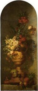 An Elaborate Still Life With 
Lilies, Tulips, Roses, Morning Glory, Auricula, Hyacinths, An Imperial 
Crown And Other Flowers In A Terracotta Vase, Together With Grapes, A 
Pineapple, A Peach, An Apple, And A Melon, All On A Stone Ledge With Two
 Finc
