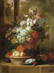 Flowers, Fruit And Dead Game On A Stone Ledge With A Sculpture Ofmercury Beyond by Willem van Leen