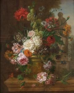 Chrysanthemums, Carnations,
Roses, Morning Glory And Other Flowers In A Stone Urn On A Stone Ledge, A
Classical Statue Beyond by Willem van Leen