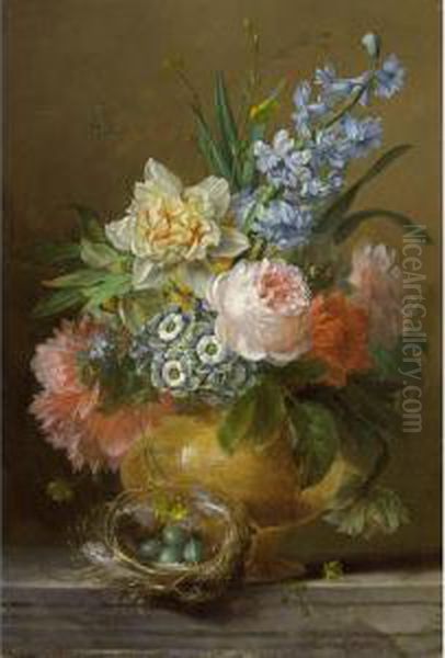 A Still Life With Roses,
Hyacinths, Auricula, Forget-me-nots, A Poppy Anemone, Pink Peonies And
Buttercups In A Stone Vase, All On A Stone Ledge Together With A
Dunnock's Nest And A Dragon-fly - view 1