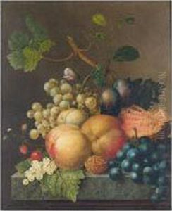 Still Life With Peaches, Plums, 
Strawberries, Grapes, A Walnut And A Melon On Stone Ledge by Willem van Leen