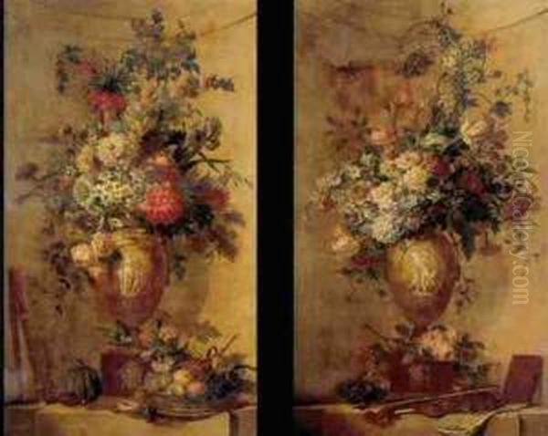 An Elaborate Still Life Of
Flowers In An Urn, A Basket Of Fruit And A Flute All Resting On A Ledge
And An Elaborate Still Life Of Flowers In An Urn, A Bird's Nest, A
Violin And Bow And A Book All Resting On A Ledge: A Pair Of Paintings - view 1