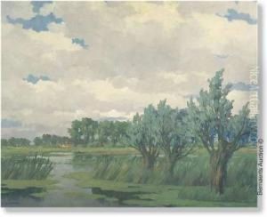 Overmeirelake. Board. Signed 'k.van Lerberghe' by Karel Van Lerberghe