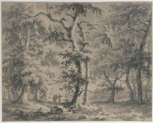 A Wooded Landscape With Travellers On A Path, A Church Beyond by Paulus Van Liender