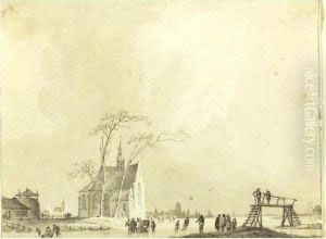 'view Of A Frozen Canal With Ice Skaters' And 'view Of A River Town': Two Drawings