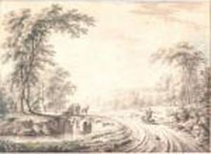 Landscape With Peasants On A Country Road, And Others Resting On A Bridge Over A Stream by Paulus Van Liender
