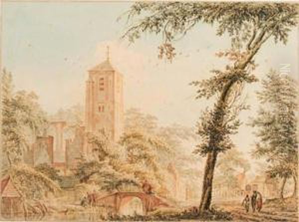 A Ruined Church In A Village With Figures By A Bridge Over Ariver - view 1