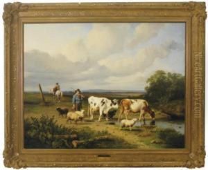Shepherd With Sheep And Cattle Near A Watering Hole by Dirk Peter Van Lokhorst