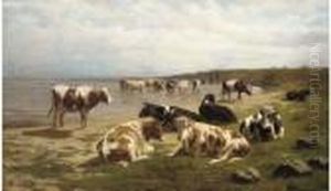 Cattle At The Waters' Edge by Dirk Peter Van Lokhorst