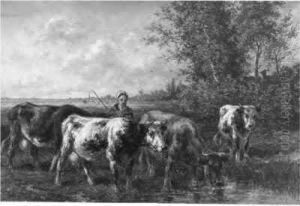 A Cowherdess And Cattle by Johan Nicolaas Van Lokhorst