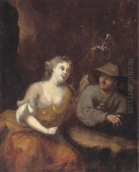 Lady As A Shepherdess With A Peasant In A Rocky Gorge - view 1