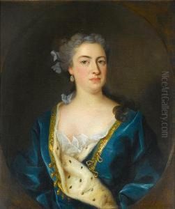 Portrait Of A Lady, Half-length,
In A Blue Ermine-lined Robe And A Blue Ribbon In Her Hair, In A Painted
Oval by Jean Baptiste van Loo