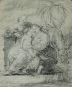 Le Repos Pendant La Fuite En 
Egypte (recto); Etude De Personnages, Deux Colonnes Cannelees A 
L'arriere-plan (