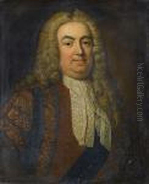 Portrait Of Sir Robert Walpole,
1st Earl Of Orford, Bust-length, In Brown Brocade Robes, A Dark Blue
Sash And The Badge Of The Order Of The Garter And A White Lace Jabot In A
Painted Oval - view 1