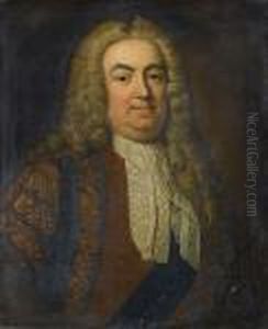 Portrait Of Sir Robert Walpole, 
1st Earl Of Orford, Bust-length, In Brown Brocade Robes, A Dark Blue 
Sash And The Badge Of The Order Of The Garter And A White Lace Jabot In A
 Painted Oval