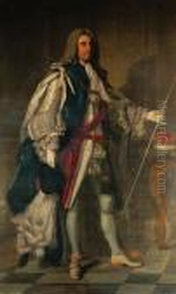 Portrait Of Charles, 2nd Duke Of
Grafton (1683-1757), Full-length,in Garter Robes, Holding A Wand Of
Office, Beside A Table On Whichrests His Coronet, In An Interior - view 1
