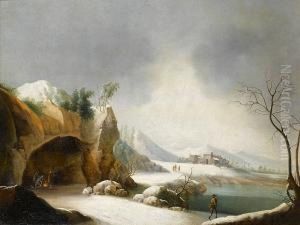 A Winter Landscape With Figures Around Acampfire At The Mouth Of A Grotto