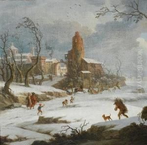 A Winter Landscape With Figures 
Collecting Firewood And Elegant Travellers In Horse-drawn Sleighs