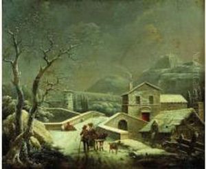 Deux Paysans Sur Un Chemin Pres D'un Village Enneige by Jules Cesar Denis van Loo