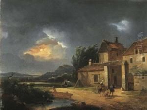 Paesaggio Tempestoso Con Viandanti Presso Una Fattoria