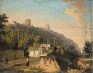 A View Of Granada With A Waterseller And Other Figures by Jules Cesar Denis van Loo