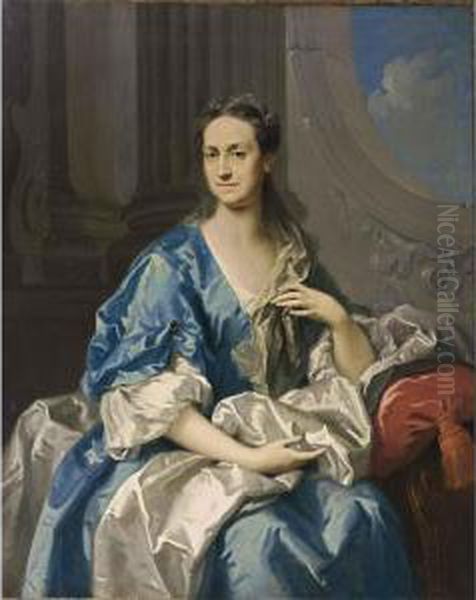 A Portrait Of A Lady, Said To Be
A Princess Of Hannover, Seated Three-quarter Length, Wearing A Blue And
White Dress, In An Architectural Setting - view 1