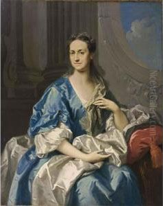 A Portrait Of A Lady, Said To Be
 A Princess Of Hannover, Seated Three-quarter Length, Wearing A Blue And
 White Dress, In An Architectural Setting