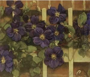 Clematis Tegen Hekwerk: Flowering Clematis by Jacobus Van Looy
