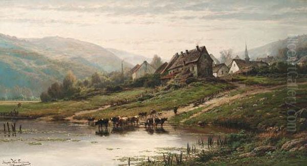A Village In The Ardennes In Summer With Cattle Fording A Stream Inthe Foreground - view 1