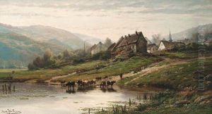 A Village In The Ardennes In Summer With Cattle Fording A Stream Inthe Foreground