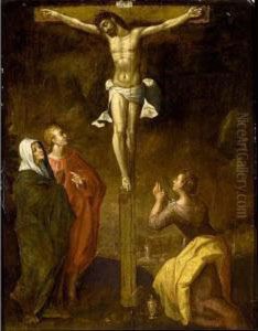 Christ On The Cross With St John The Baptist, The Virgin Mary And Mary Magdalene by Karel Van Mander