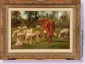 Vache Et Moutons Au Pre by Emile Van Marcke De Lumman