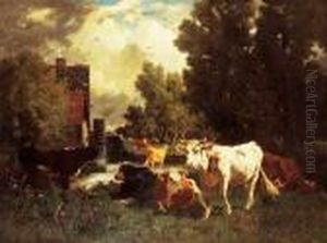 Vaches Aupres D'un Moulin, Circa 1870. by Emile Van Marcke De Lumman