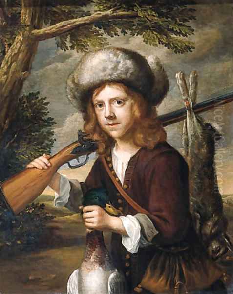 A portrait of a youth, standing three quarter length in a landscape, holding a dead duck and a rifle - view 1