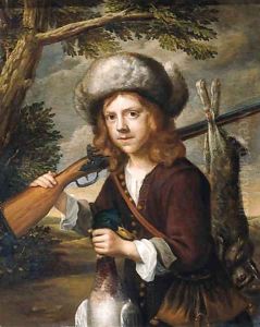 A portrait of a youth, standing three quarter length in a landscape, holding a dead duck and a rifle A portrait of a youth, standing three quarter length in a landscape, holding a dead duck and a rifle