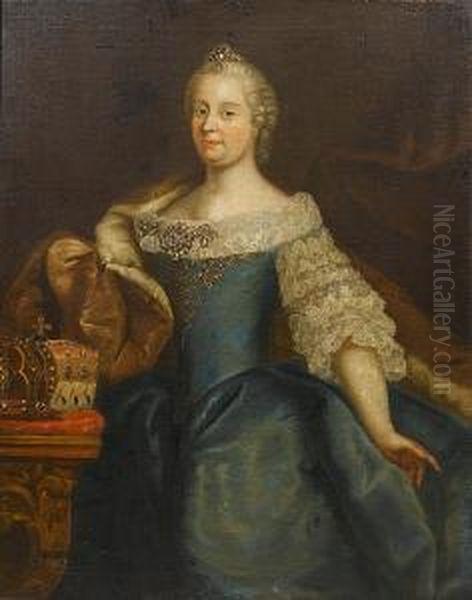 Portrait Of Empress Maria 
Theresa, Three-quarter-length, Standing In A Blue Dress With An 
Ermine-lined Wrap, Beside A Table With Two Crowns - view 1