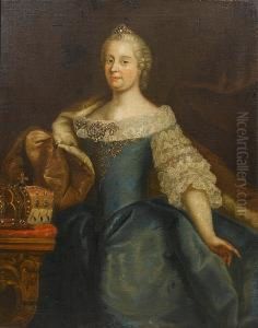 Portrait Of Empress Maria 
Theresa, Three-quarter-length, Standing In A Blue Dress With An 
Ermine-lined Wrap, Beside A Table With Two Crowns