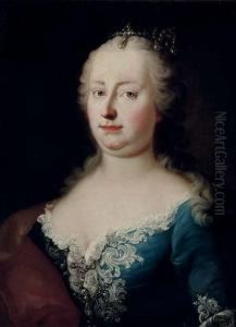 Portrait Of Empress Maria 
Theresa Von Habsburg, Bust-length, In A Silver Embroidered Blue Dress 
And A Red And Gold Wrap