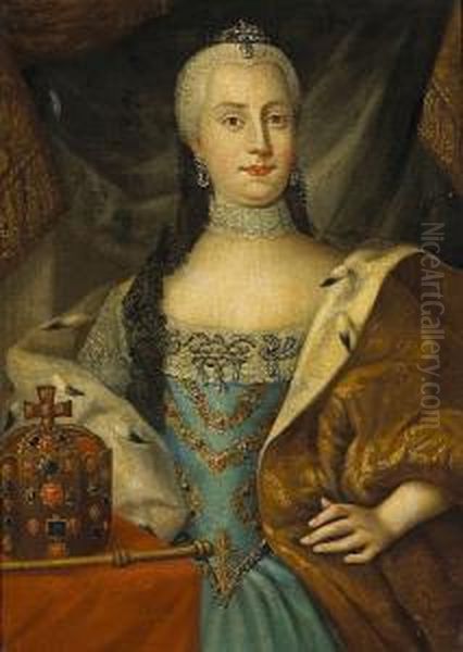 A Portrait Of Empress Maria
Theresa Of Austria In A Blue Dress And Ermine Cape, Her Crown And
Scepter To The Left - view 1
