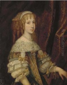 Portrait Of A Lady, Half-length,
In A Gold And Blue Silk Dress With Lace Trim, Wearing A Pearl Necklace
And Bracelet by Ircle Of Martin Van Mytens
