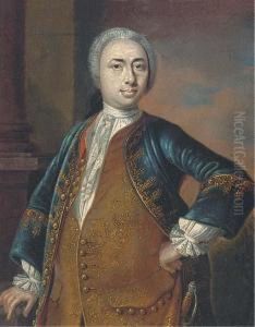 Portrait Of A Gentleman,
Standing Three-quarter-length, In A Goldembroidered Waistcoat And Blue
Coat, Wearing A Sword by Ircle Of Martin Van Mytens