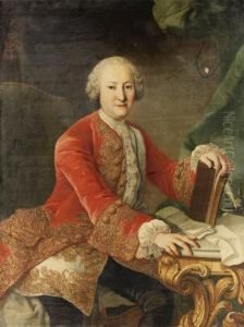 Portrait Of A Gentleman, Seated 
Three-quarter Length, Wearing A Redvelvet Brocade Jacket And A White 
Satin Brocade Waistcoat And Lacecravat, Beside A Marble Topped Table, 
His Hand Resting On Abook by Ircle Of Martin Van Mytens