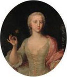 Portrait Of A Lady, Half-length Wearing A White Dress And A Pinkwrap Holding A Flower by Ircle Of Martin Van Mytens