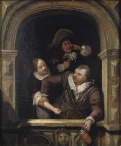 A Man Holding A Tankard, A Man And Woman Behind Him Holding A Glass Of Wine