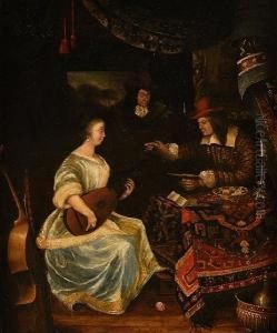 Interior With A Lady Playing The Lute by Frans van Mieris