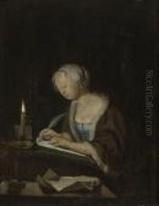 Schreibende Junge Frau Bei Kerzenschein by Frans van Mieris