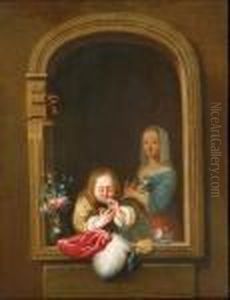 N A Window Blowing Bubbles, A Girl With A Dog In Her Arms Behind by Frans van Mieris